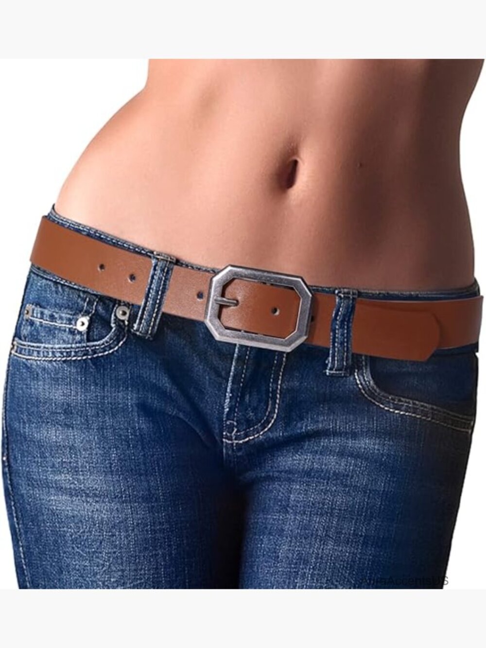 Reversible Leather Belt with Vintage Silver Buckle for Women